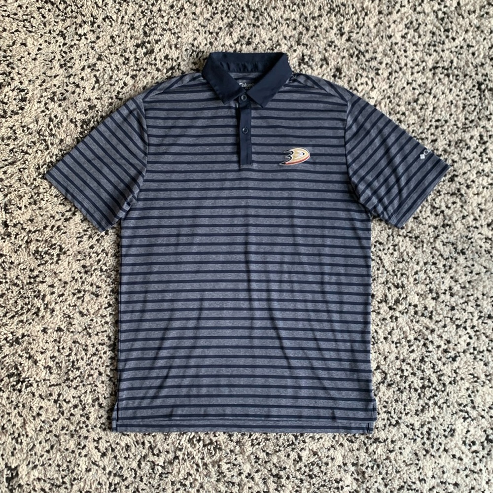 Columbia Golf Polo Shirt Anaheim Ducks Logo NHL Hockey Blue Stripe Size Medium